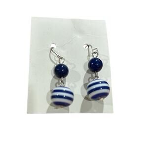 Silver Tone Pierced Earrings with Blue and White Stripe and Solid Blue Beads